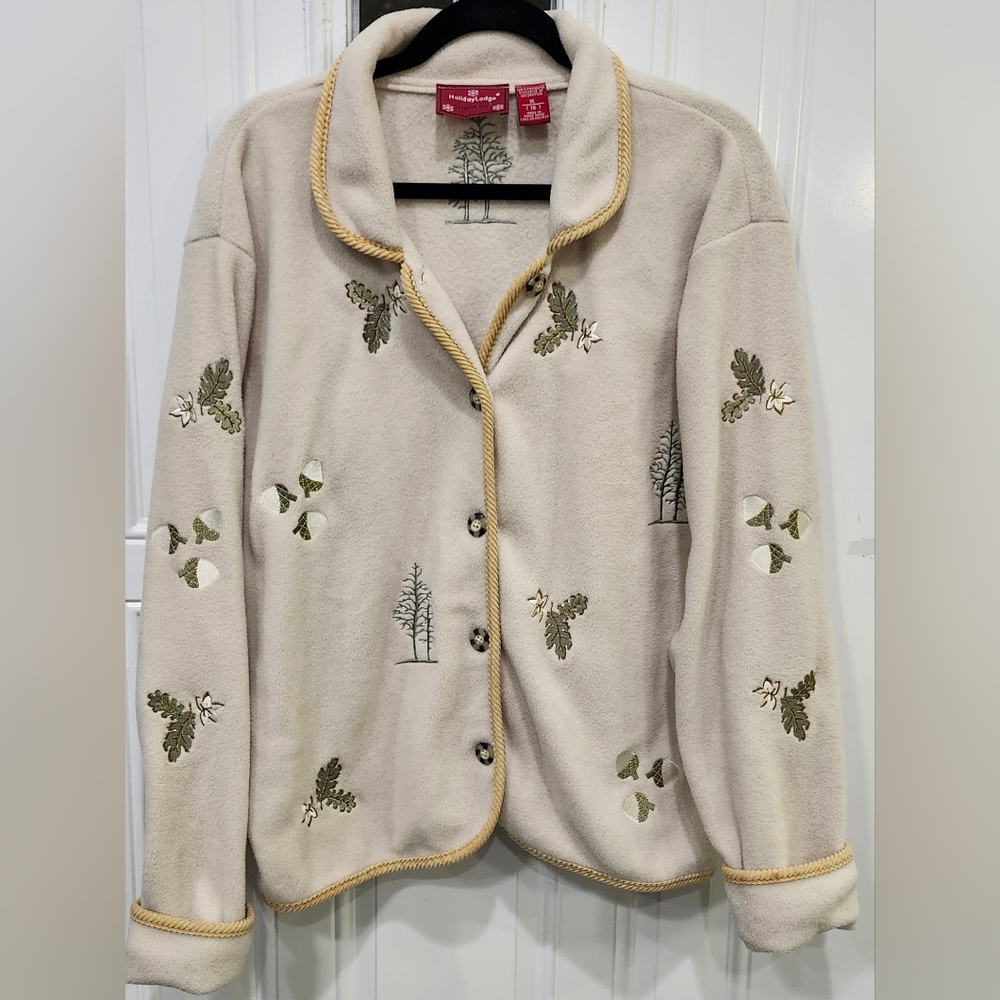 Holiday Lodge By Northcrest Cream Fall Winter Theme Fleece Jacket Women's XL